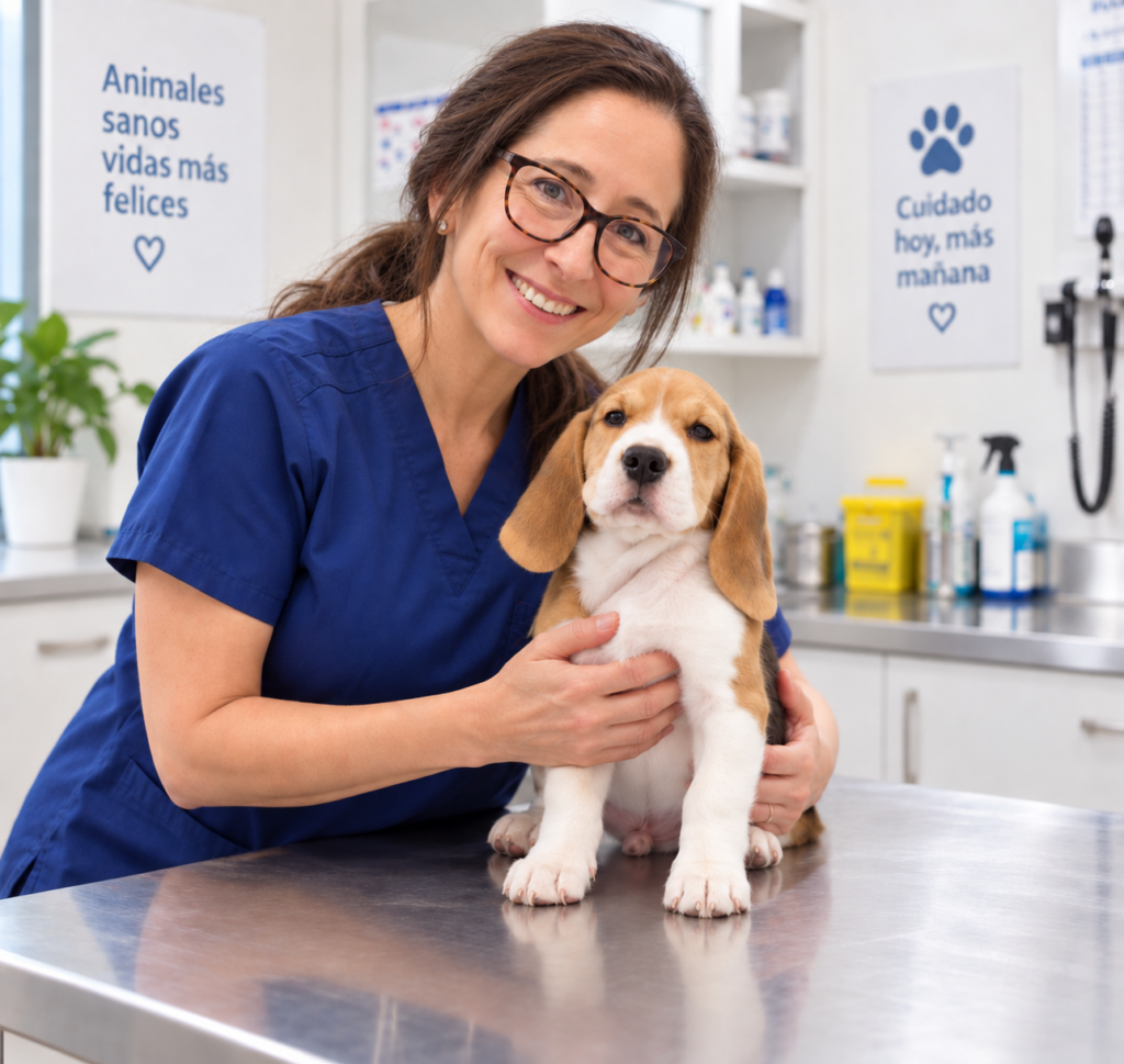 Veterinaria con cachorro en consulta en Cap i Cua